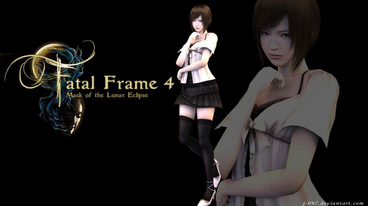 a woman in black and white dress standing next to an image of the character fatal frame 4