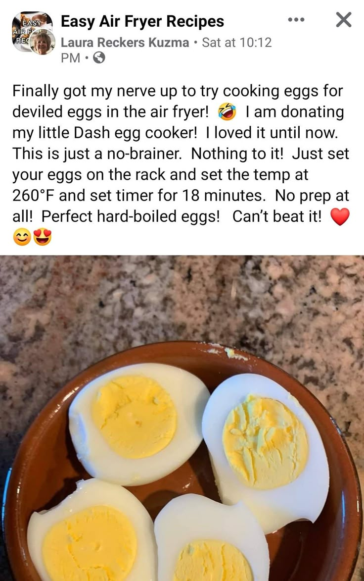 three hard boiled eggs in a brown bowl on a marble counter top with the caption easy air fryer recipes