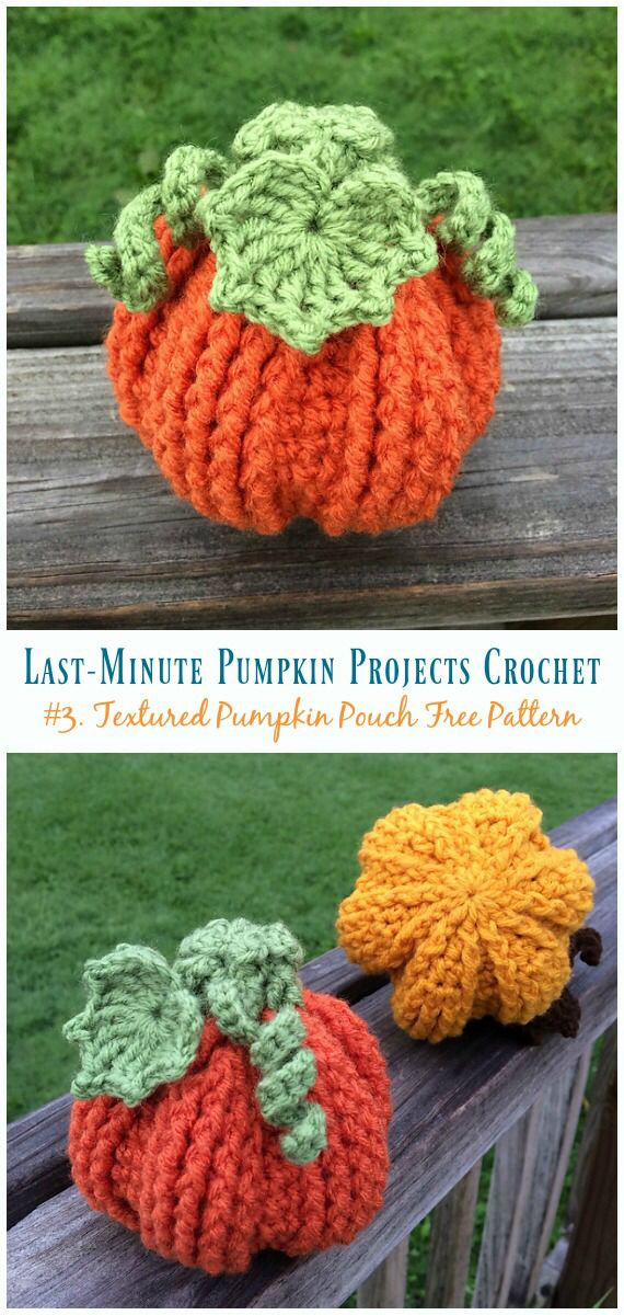 two crocheted pumpkins sitting on top of a wooden bench with the words last - minute pumpkin projects crochet