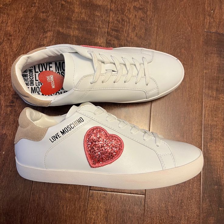 Love Moschino Sneakers Nwot Love Moschino Shoes, Love Moschino Sneakers, Red And Black Shoes, Moschino Shoes, Nike Acg Jacket, Vintage Beaded Dress, Light Blue Sweater, Vintage Nike, Slip On Sneakers