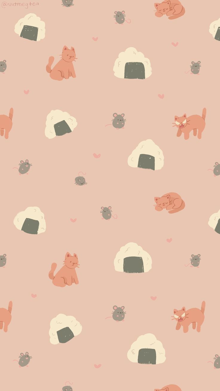 a pink wallpaper with cats on it and hearts in the sky, all over