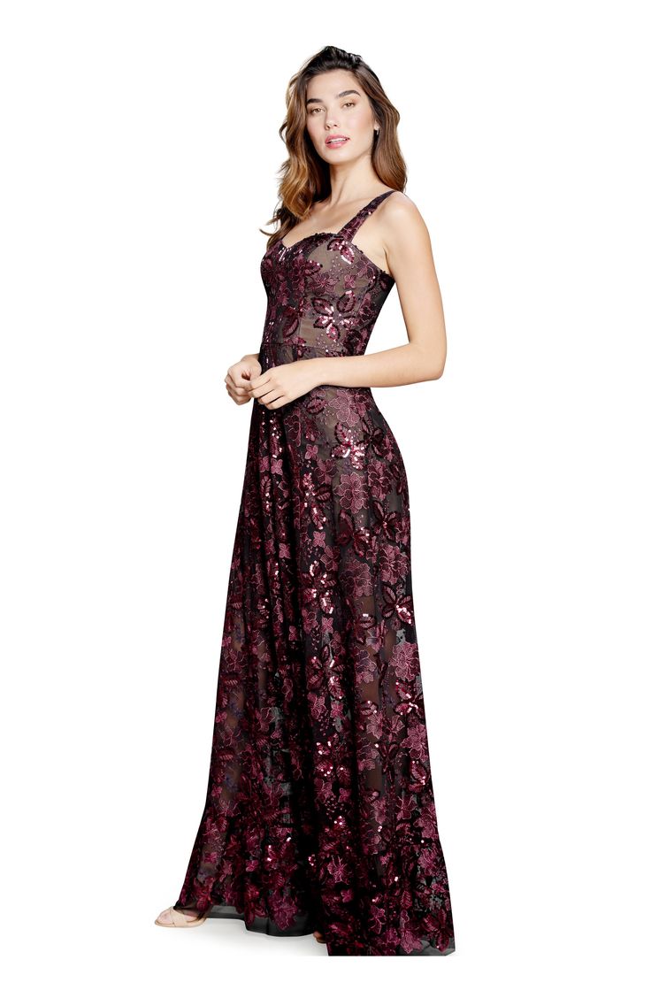 The stunning and sophisticated Anable in Port features a sweetheart neckline atop a fit and flare gown. A sequin embroidery adds flare while a short-lined ruffled hem dresses up this maxi-length dress. Short Lined Sweetheart Neckline Fit and Flare gown Self: 100% Polyester Lining: 100% Polyester 60 1/2" CF to Hem Hand Wash Cold, Line Dry, Low Iron if needed, Can be dry Cleaned Blush Sequin Dress, Fit And Flare Gown, Flare Gown, Plunge Dress, Sequin Embroidery, Stunning Gowns, Dress The Population, Sequins Embroidery, Bridal Wedding Dresses