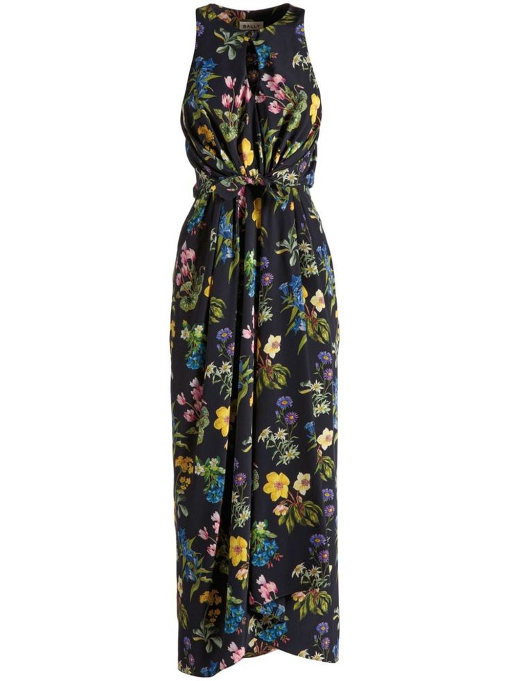 black/multicolour silk satin weave all-over floral print round neck cut-out detailing front button fastening knot detailing sleeveless straight hem Bohemian Wedding Guest, Edgy Glam, Tank Dresses, Midi Dress Black, Wedding Guest Looks, City Dress, Cocktail Parties, Silk Midi Dress, Demi Fine Jewelry