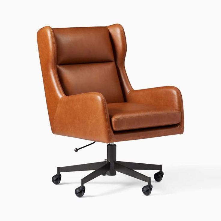 a brown leather office chair with casteors and wheels on an isolated white background, viewed from the front