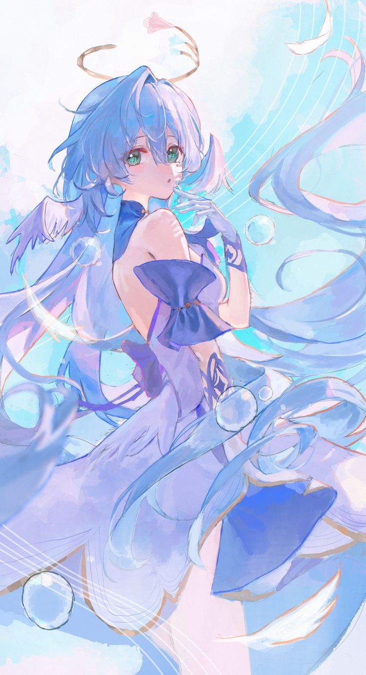 an anime character with blue hair and angel wings