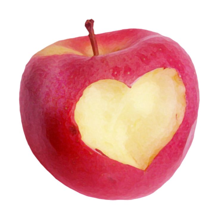 an apple with a heart cut out of it's core, on a white background