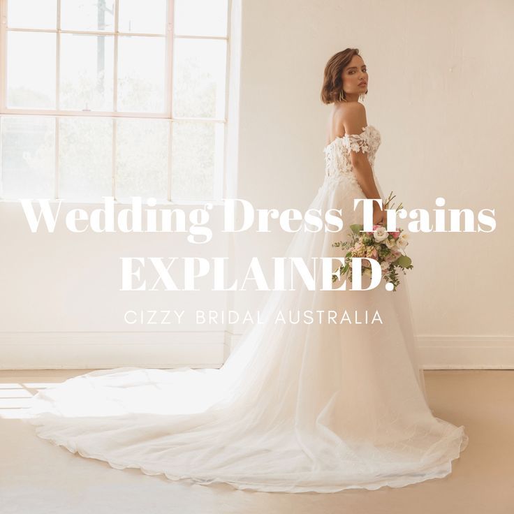 a woman in a wedding dress stands next to a window with the words, wedding dress trains explain