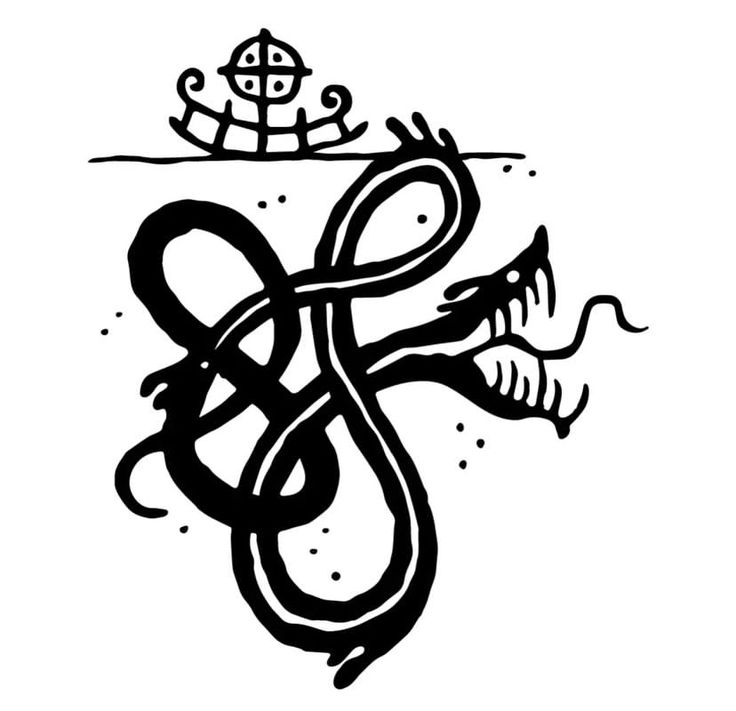 a black and white drawing of a snake with an anchor on it's back