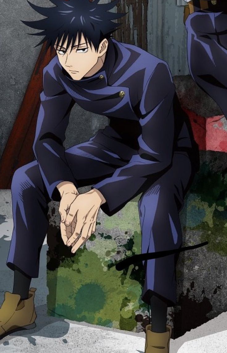 an anime character sitting on the ground with his hands in his pockets