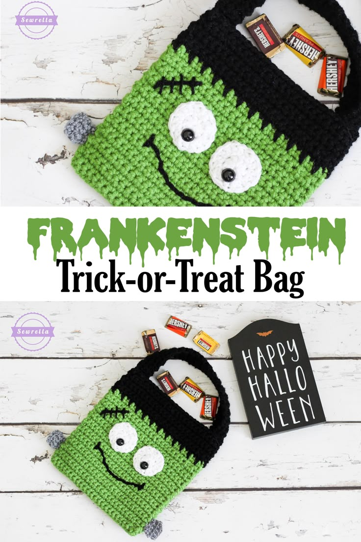 a crocheted trick - or - treat bag with the words happy halloween written on it