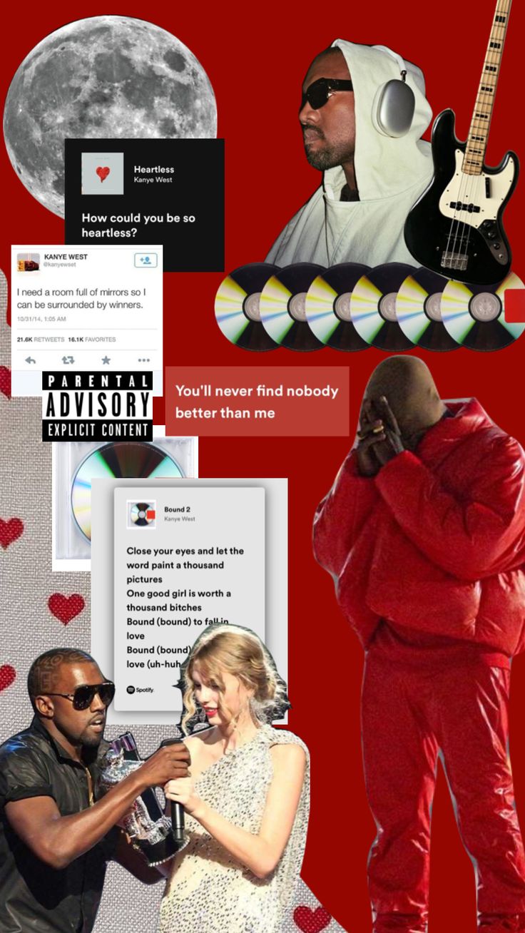 the collage shows two people in red outfits and one is holding a cell phone