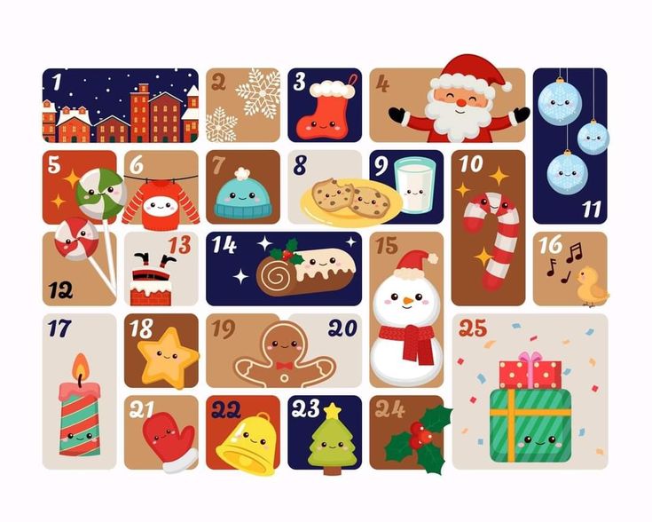 a christmas calendar with santa claus and other holiday related items on it's side