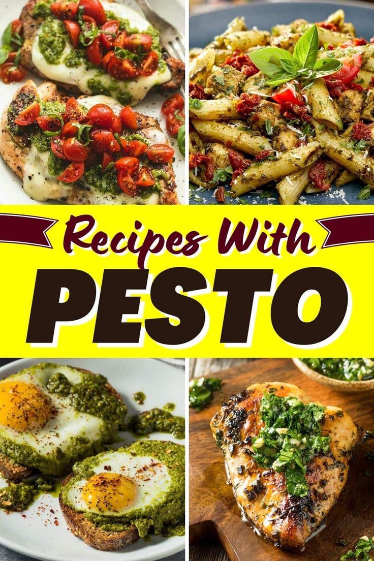 the cover of recipes with pesto is shown in four different pictures, including an egg and