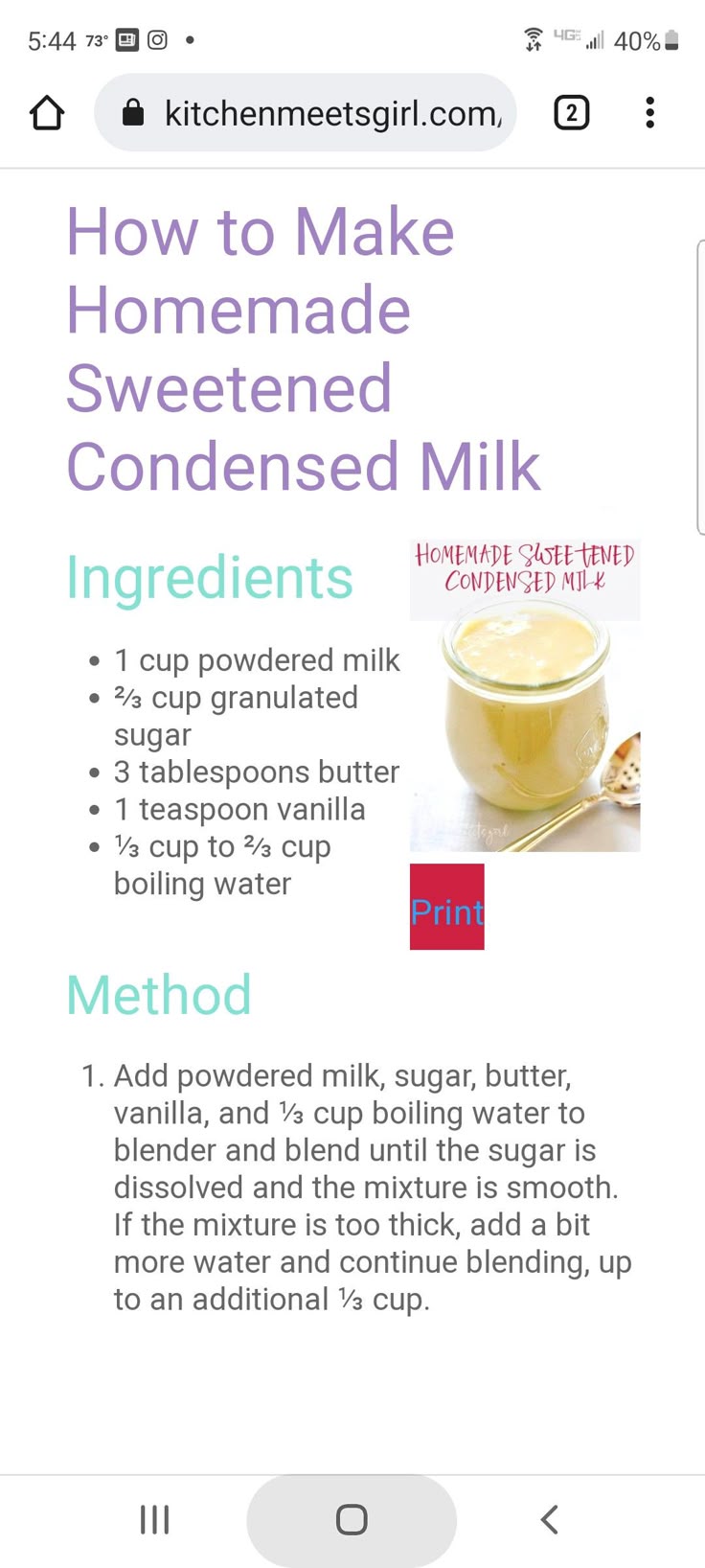 the ingredients for homemade sweetened milk are displayed on an iphone screen, with text below