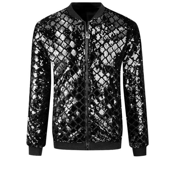 Sequin baseball jackets are a bold and eye-catching statement piece for any outfit. The sequins create a sparkling and reflective surface, adding a touch of glamour to your attire. Pair a sequined baseball jacket with punk pants, leather pants, etc. to create a fashionable look. Sequin baseball jacket is perfect for parties, clubs, discos, performances, and other occasions. Winter Black Outerwear With Contrast Sequin, Black Outerwear With Contrast Sequin For Winter, Baseball Jackets, Punk Pants, Metallic Jacket, Mens Sport Coat, Up Party, Baseball Varsity Jacket, Linen Suit