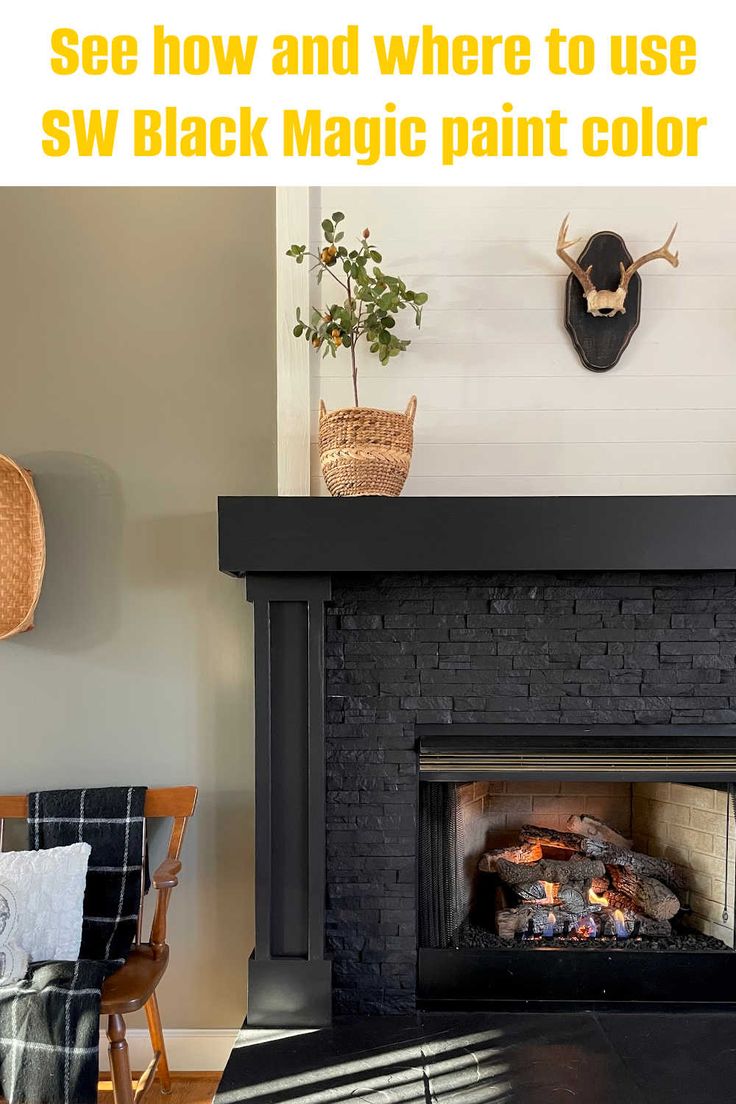 the fireplace is painted black and has a deer head above it with text overlay that reads see how and where to use sw black paint color