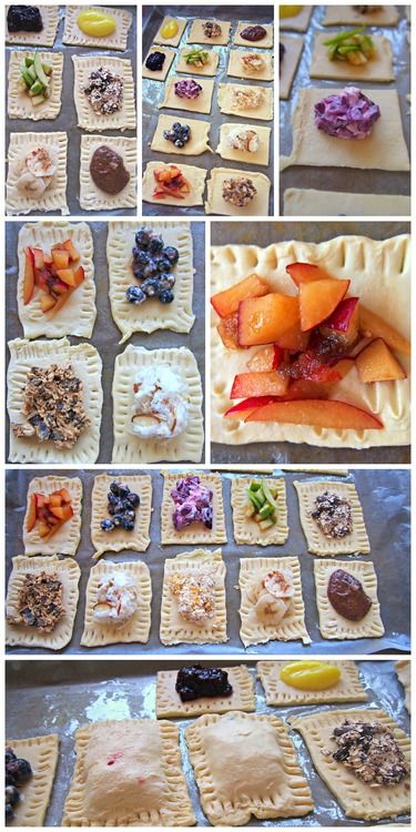 the process of making homemade appetizers with fruit and crackers on baking sheet