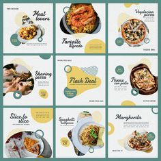 a series of brochures with different food items on them, including pasta and shrimp