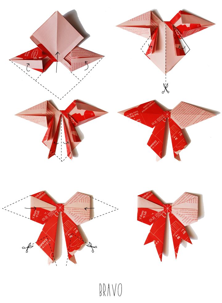 four different types of origami birds in red and pink colors, each with its own bow