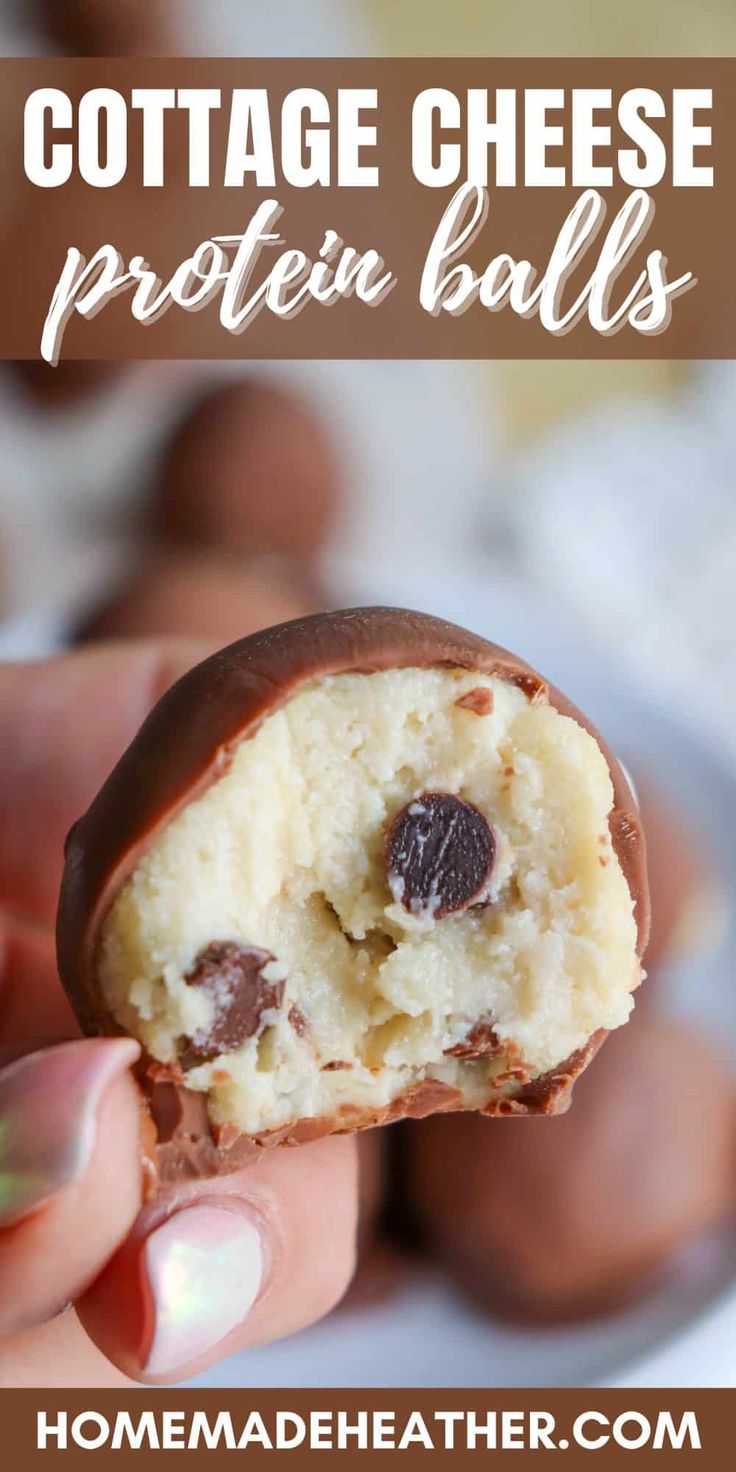 a hand holding up a chocolate cheese protein ball with the bite taken out and text overlay reading cottage cheese protein balls