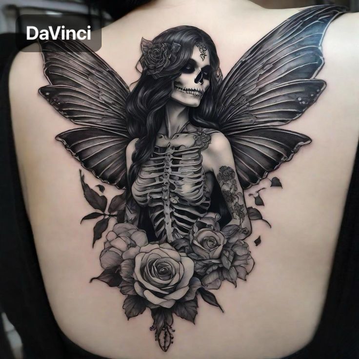 a woman with a skeleton and roses tattoo on her back