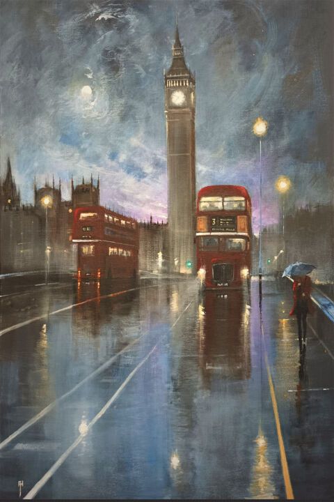 a painting of two red double decker buses on a city street at night with the big ben clock tower in the background