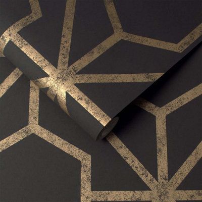 a black and gold wallpaper with geometric design