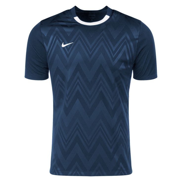 the nike soccer jersey is shown in dark blue with white trims and a chevron pattern