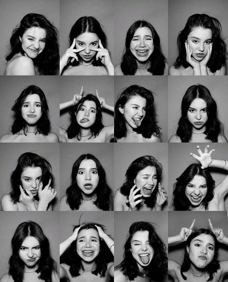 black and white photo collage of various women making funny faces with their hands in the air