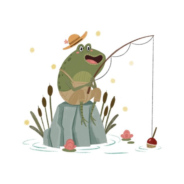 a frog is sitting on top of a rock while holding a fishing rod in its mouth