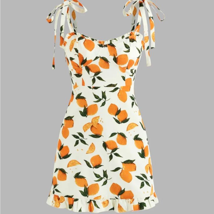 Brand New, Never Worn. Fruit Print Dress For Day Out, Orange Lined Dress For Vacation, Chic Orange Mini Dress For Summer, Orange Summer Mini Dress, Orange Ruffled Sundress, Apricot Mini Dress With Ruffles, Orange Sundress With Ruffles, Chic Orange Sundress For Day Out, Fitted Apricot Mini Dress For Summer