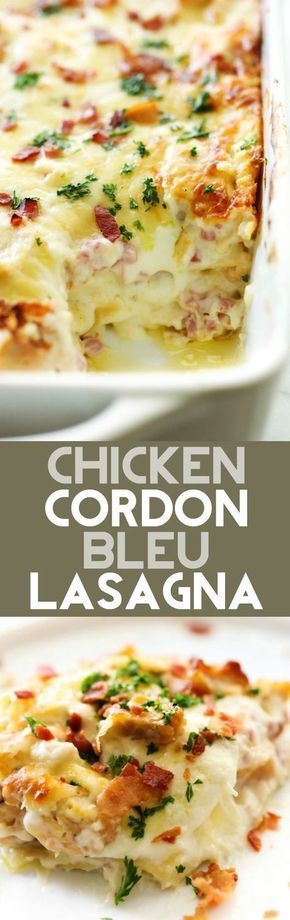 chicken cordon bleu lasagna in a white casserole dish