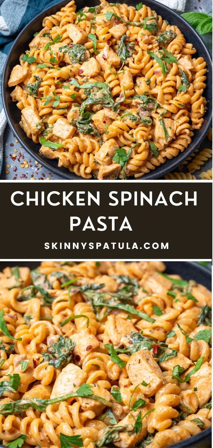 chicken spinach pasta in a skillet with basil leaves on top and the words chicken spinach pasta above it