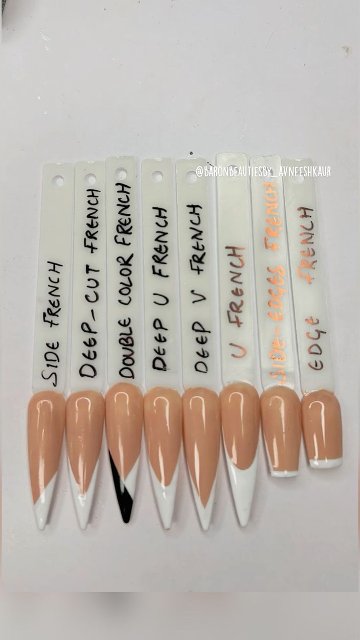 Different Shaped French Tips, Type Of Nails Acrylic, Different Shape French Tip Nails, Styles Of French Tips, Type Of French Nails, Type Of Nail Designs, Types Of Nail Art Designs, French Tip On Different Nail Shapes, Type Of French Tip Nails