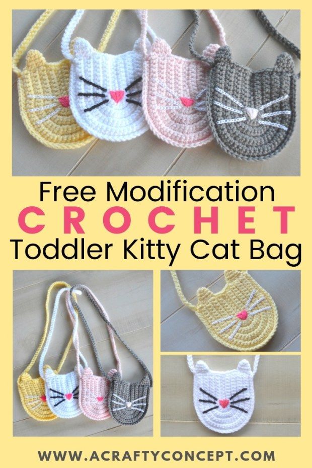 crocheted cat purses with the text free meditation crochet toddler kitty cat bag