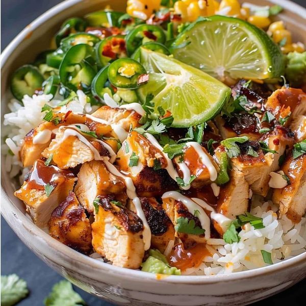 a bowl filled with chicken, rice and cilantro on top of a table