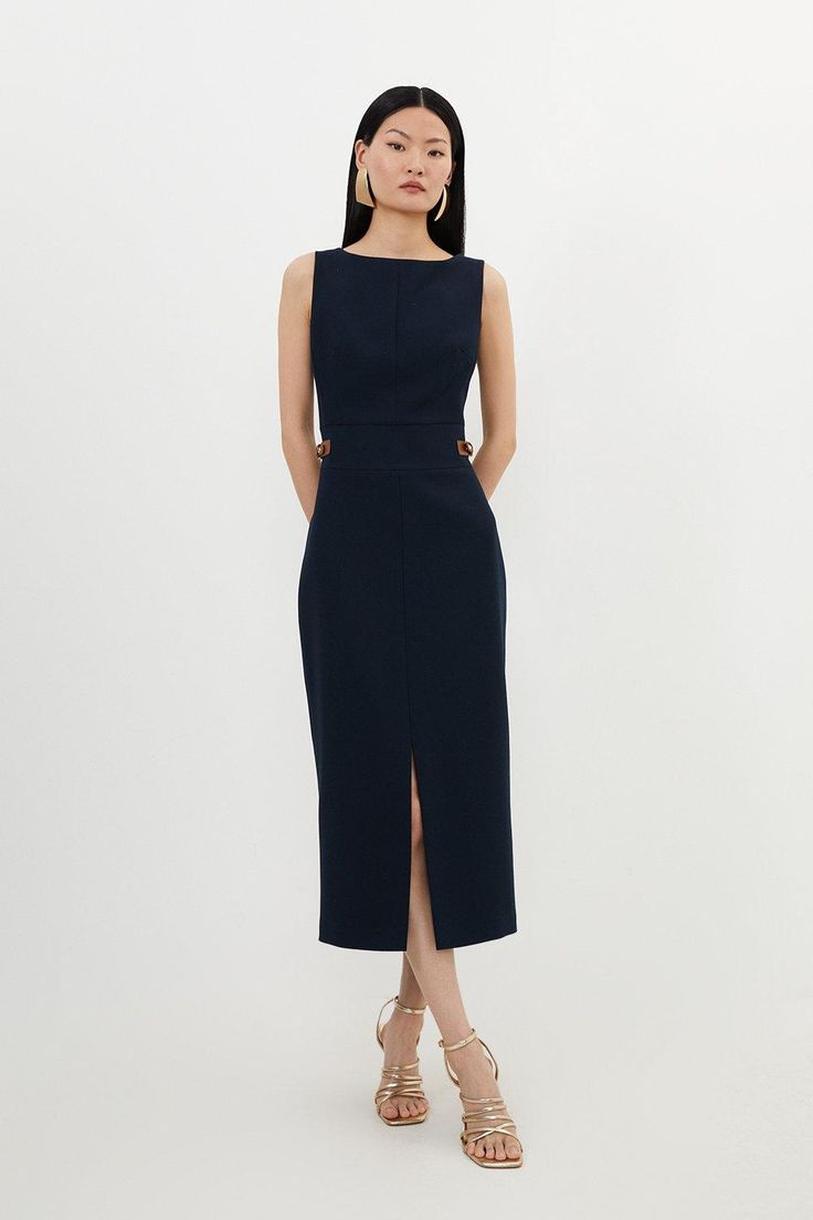 Compact Stretch Tailored Pu Tab Detail Midi Dress Tailored Feminine Style, Midi Business Dress, Office Outfits Black, Dress Business, Dress With Stilettos, Classic Style Dress, Dress To Minimize Bust, Black Dress For Office, Timeless Silhouettes