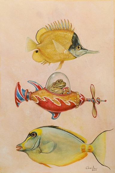 three different types of fish in watercolor on white paper with gold trimmings