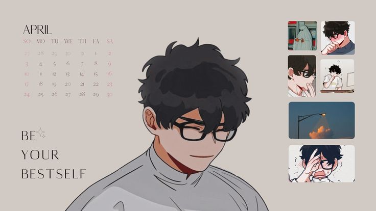 an anime character with glasses is looking at his cell phone and has the calendar in front of him