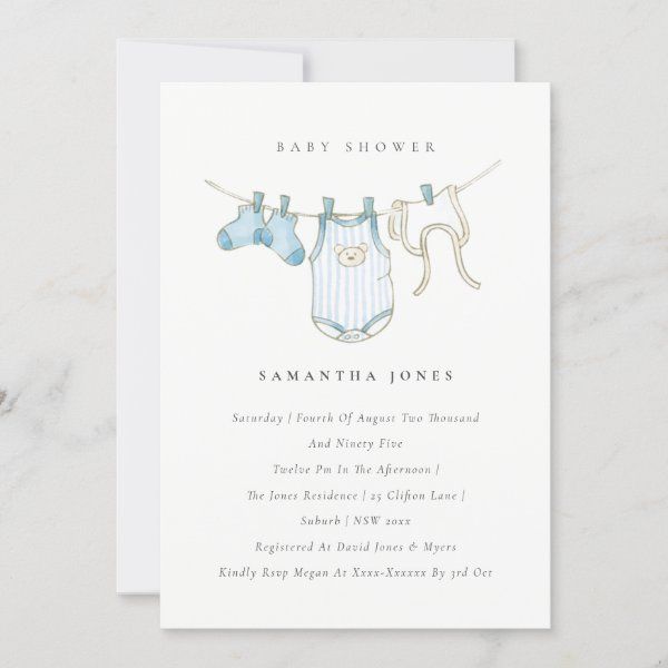 a baby shower card with clothes hanging from the line