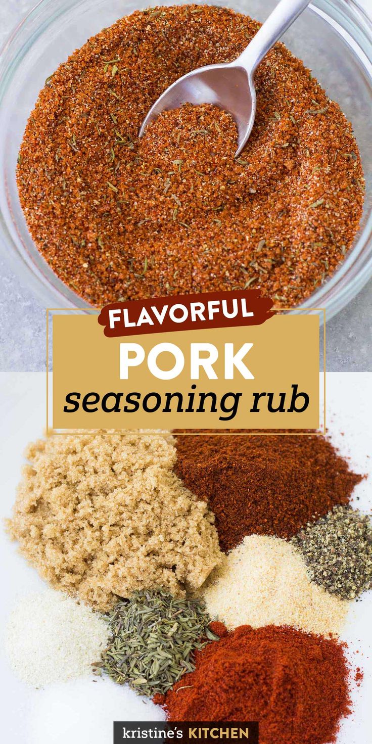 the ingredients for pork seasoning rubs in a glass bowl with a spoon on top