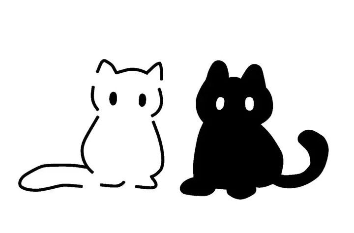 a black and white cat sitting next to each other on top of a white background