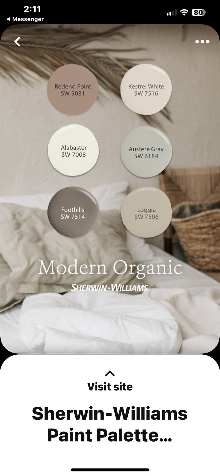 sherylin williams paint palettes displayed on an iphone screen with the text modern organic