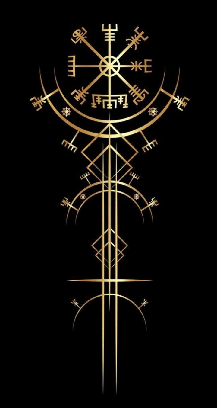 an artistic golden symbol on black background with gold lines and symbols in the form of crosses