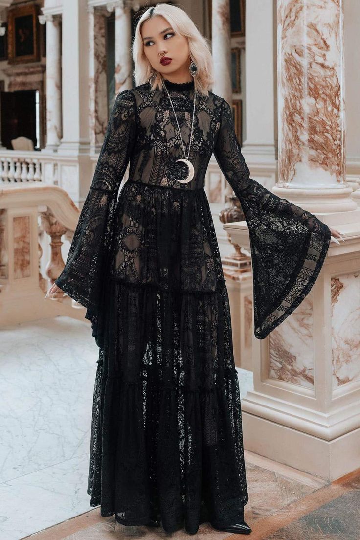 Hecate Lace Maxi Dress [B] | Killstar Witchy Cocktail Dress, Hecate Outfit Aesthetic, Witchy Maxi Dress, Pagan Dresses, Long Black Witch Dress, Hecate Inspired Outfits, Black Dress Witchy, Witchy Long Sleeve Costume Dress, Hecate Outfits