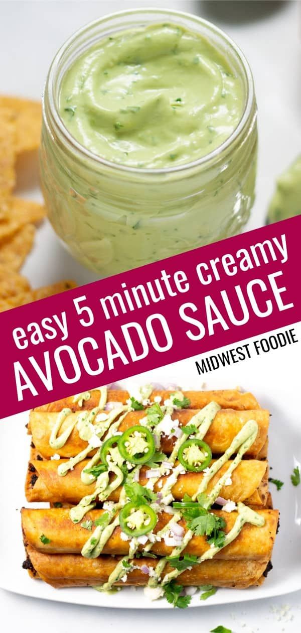 an avocado sauce is in a jar next to some food on a plate