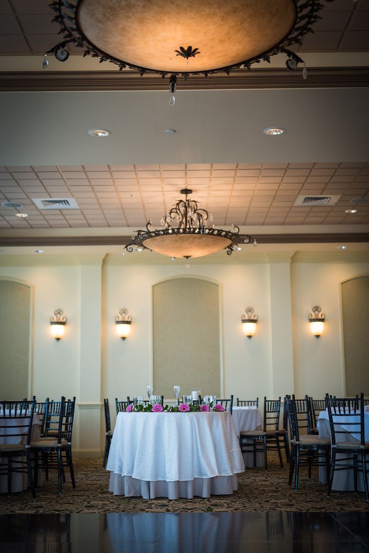 an empty banquet room with tables and chairs