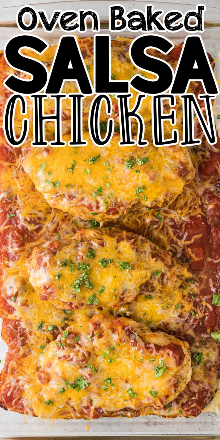 chicken enchilada casserole in a baking dish with text overlay