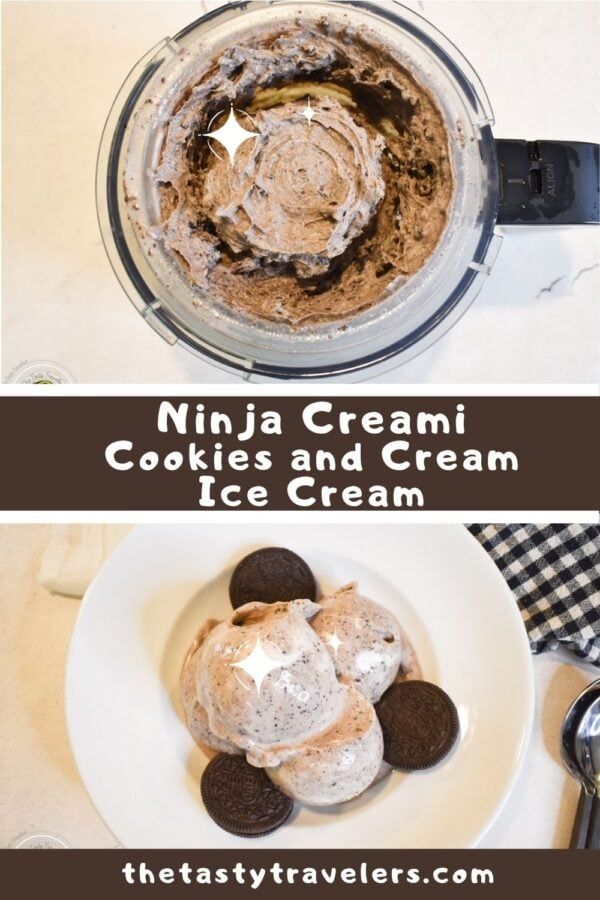 two pictures of cookies and cream in a food processor with text overlay that reads, ninja cream cookies and cream ice cream