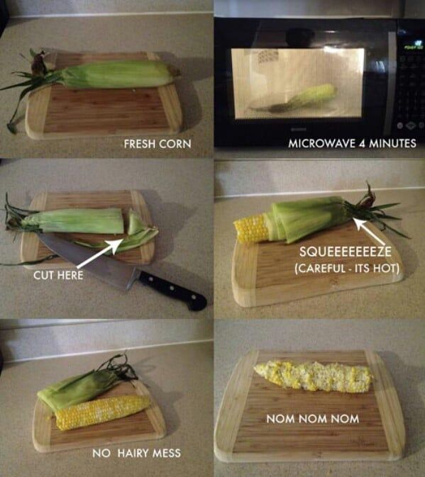 four pictures showing how to cut corn on the cob and prepare it for cooking